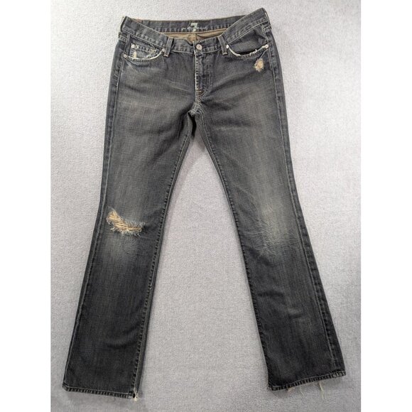 7 For All Mankind Jeans Womens 32 Black Gray Bootcut Distressed Frayed Made USA - Picture 1 of 16